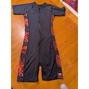 TomboyX XS Swim Unisuit Short Sleeve One Piece Swimsuit Black Tropical Floral